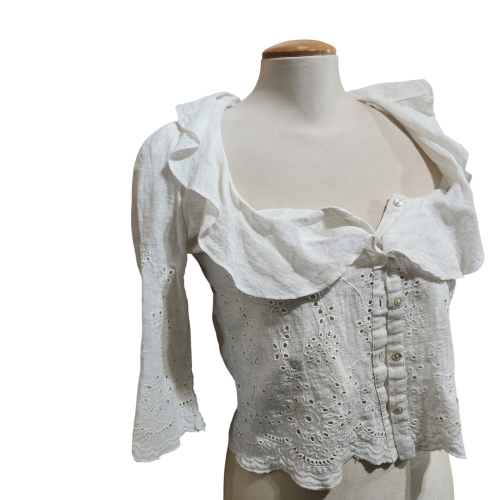 Zara TRF White Eyelet Lace Ruffle Collar Button Front Blouse XS Cotton